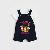 Happy Lohri With Mummyji Papaji   - Customized Dungaree Set For Kids - NAVY BLUE - 0 - 5 Months Old (Chest 18")