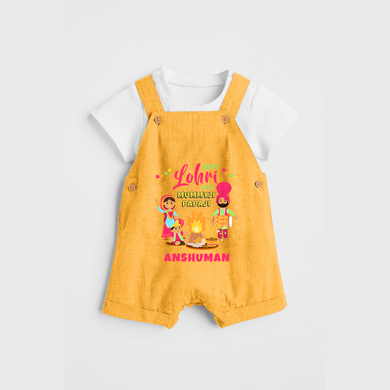 Happy Lohri With Mummyji Papaji   - Customized Dungaree Set For Kids - PASTEL YELLOW - 0 - 5 Months Old (Chest 18")