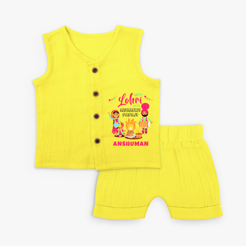 Happy Lohri With Mummyji Papaji   - Customized Jabla For Kids - YELLOW - 0 - 3 Months Old (Chest 9.8")