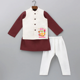 Happy Lohri With Mummyji Papaji   - Customized Kurta WaistCoat For Kids - MAROON - 3 - 6 Months Old (Chest 24", Kurta Length 14'', Waist 19", Pant Length 14")