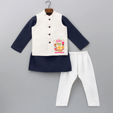 Happy Lohri With Mummyji Papaji   - Customized Kurta WaistCoat For Kids - NAVY BLUE - 3 - 6 Months Old (Chest 24", Kurta Length 14'', Waist 19", Pant Length 14")