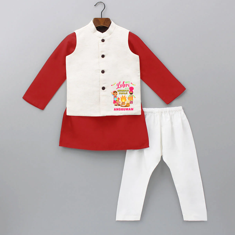 Happy Lohri With Mummyji Papaji   - Customized Kurta WaistCoat For Kids - RED - 3 - 6 Months Old (Chest 24", Kurta Length 14'', Waist 19", Pant Length 14")