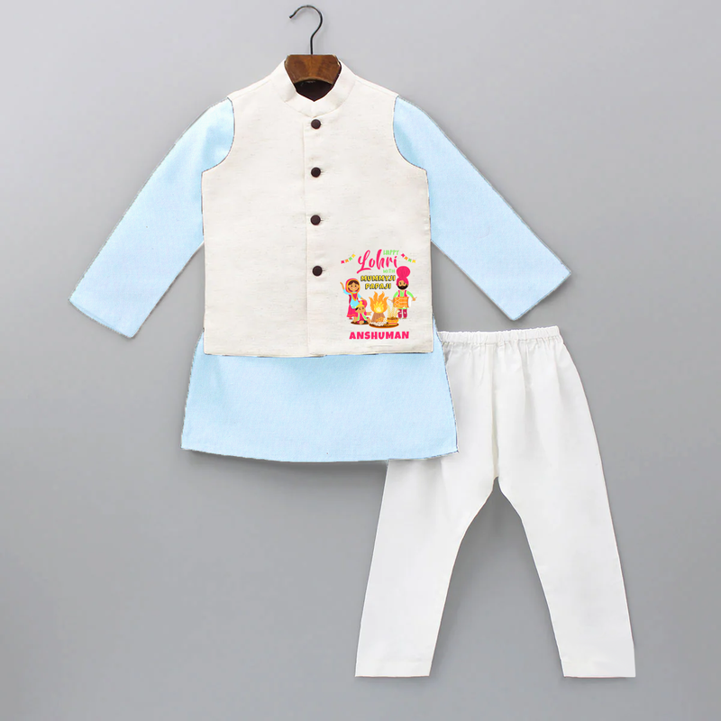 Happy Lohri With Mummyji Papaji   - Customized Kurta WaistCoat For Kids - SKY BLUE - 3 - 6 Months Old (Chest 24", Kurta Length 14'', Waist 19", Pant Length 14")