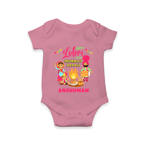 Happy Lohri With Mummyji Papaji   - Customized Romper For Babies - ONION - 0 - 3 Months Old (Chest 16")