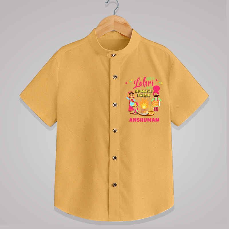 Happy Lohri With Mummyji Papaji   - Customized Shirt For Kids - PASTEL YELLOW - 0 - 6 Months Old (Chest 23")