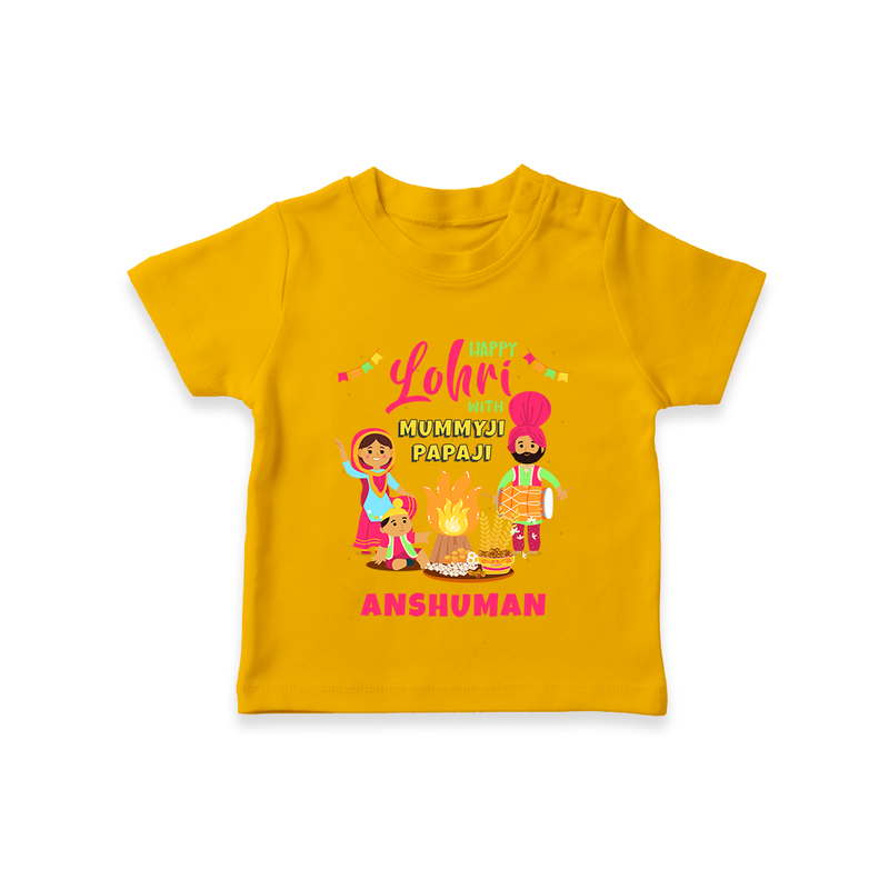 Happy Lohri With Mummyji Papaji   - Customized T-Shirt For Kids - CHROME YELLOW - 0-5 Months Old (Chest 17")