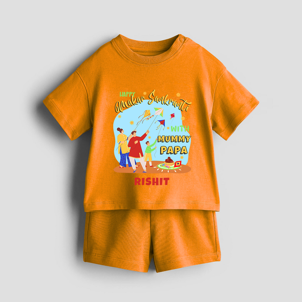 Happy Makar Sankranti With Mummy Papa - Customized Co-ord Set For Kids - TANGERINE - 1-2 Years Old (Chest 22")