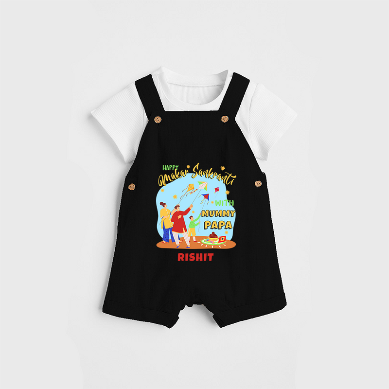 Happy Makar Sankranti With Mummy Papa - Customized Dungaree Set For Kids - BLACK - 0 - 5 Months Old (Chest 18")