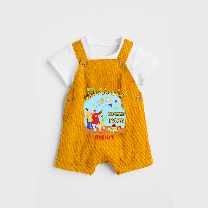 Happy Makar Sankranti With Mummy Papa - Customized Dungaree Set For Kids - CHROME YELLOW - 0 - 5 Months Old (Chest 18")