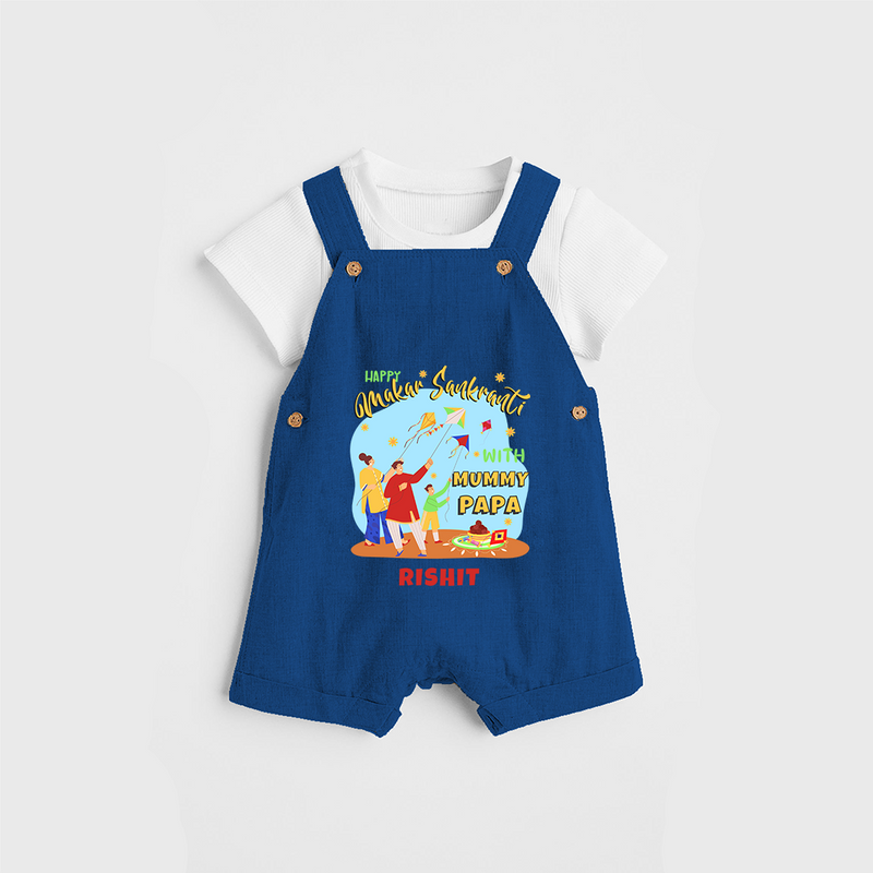 Happy Makar Sankranti With Mummy Papa - Customized Dungaree Set For Kids - COBALT BLUE - 0 - 5 Months Old (Chest 18")