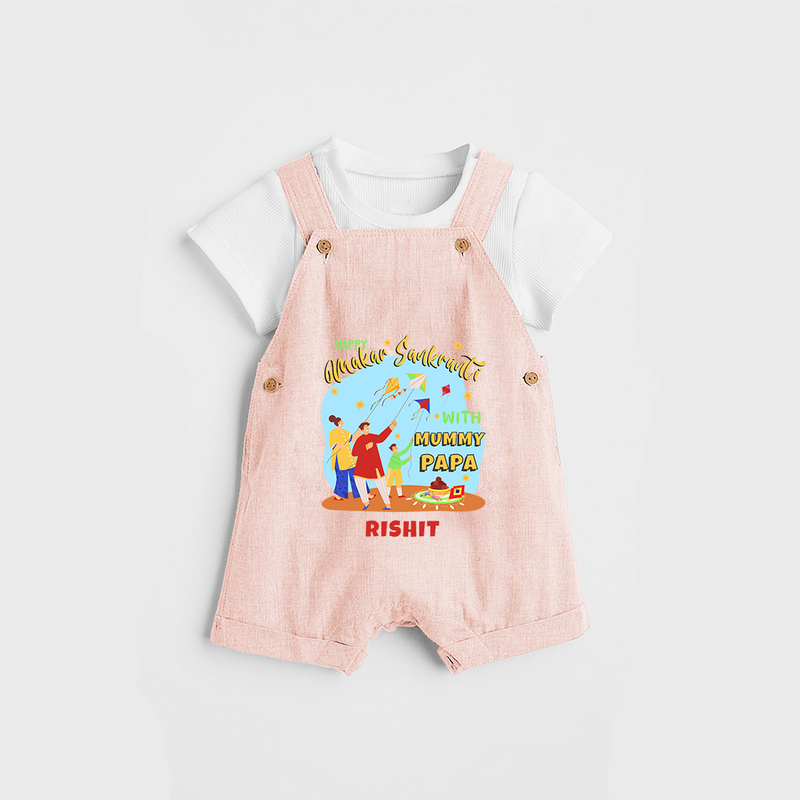 Happy Makar Sankranti With Mummy Papa - Customized Dungaree Set For Kids - PEACH - 0 - 5 Months Old (Chest 18")