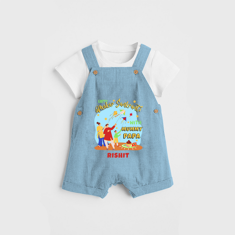 Happy Makar Sankranti With Mummy Papa - Customized Dungaree Set For Kids - SKY BLUE - 0 - 5 Months Old (Chest 18")