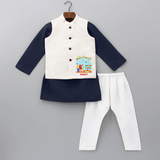 Happy Makar Sankranti With Mummy Papa - Customized Kurta WaistCoat For Kids - NAVY BLUE - 3 - 6 Months Old (Chest 24", Kurta Length 14'', Waist 19", Pant Length 14")