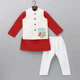 Happy Makar Sankranti With Mummy Papa - Customized Kurta WaistCoat For Kids - RED - 3 - 6 Months Old (Chest 24", Kurta Length 14'', Waist 19", Pant Length 14")