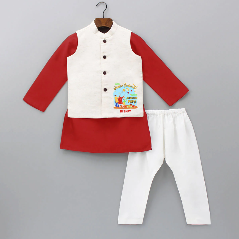 Happy Makar Sankranti With Mummy Papa - Customized Kurta WaistCoat For Kids - RED - 3 - 6 Months Old (Chest 24", Kurta Length 14'', Waist 19", Pant Length 14")