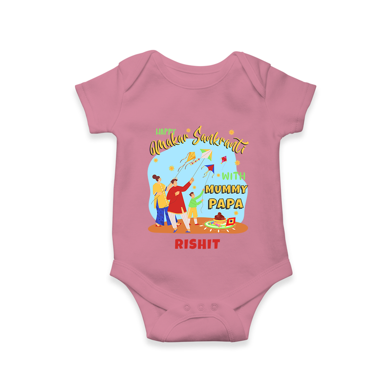 Happy Makar Sankranti With Mummy Papa - Customized Romper For Babies - ONION - 0 - 3 Months Old (Chest 16")