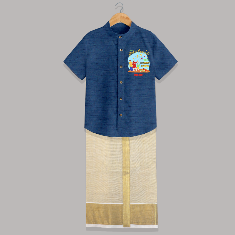 Happy Makar Sankranti With Mummy Papa - Customized Raw Silk Shirt And Dhoti For Kids - DEEP BLUE - 0 - 6 Months Old (Chest-23") (Dhoti length-14")