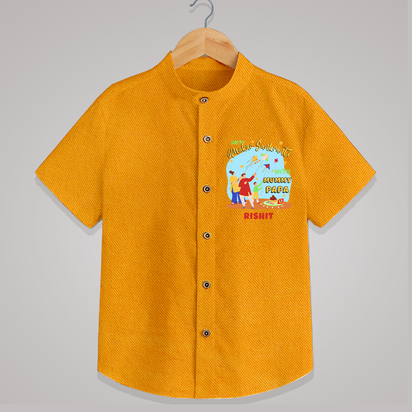 Happy Makar Sankranti With Mummy Papa - Customized Shirt For Kids - CHROME YELLOW - 0 - 6 Months Old (Chest 23")