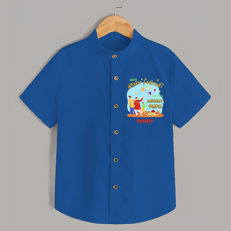 Happy Makar Sankranti With Mummy Papa - Customized Shirt For Kids - COBALT BLUE - 0 - 6 Months Old (Chest 23")