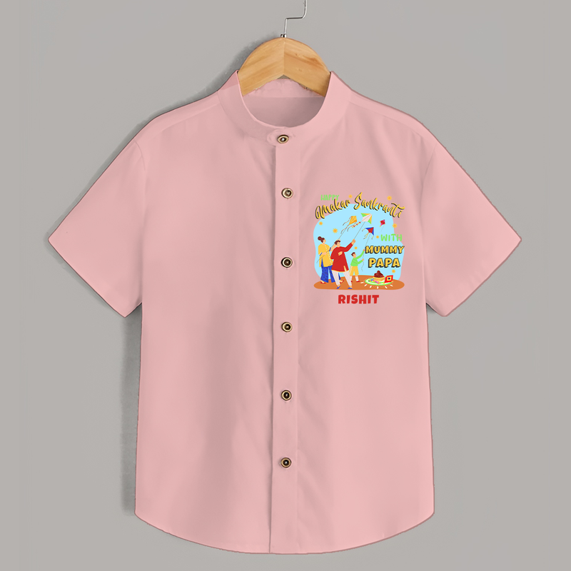 Happy Makar Sankranti With Mummy Papa - Customized Shirt For Kids - PEACH - 0 - 6 Months Old (Chest 23")