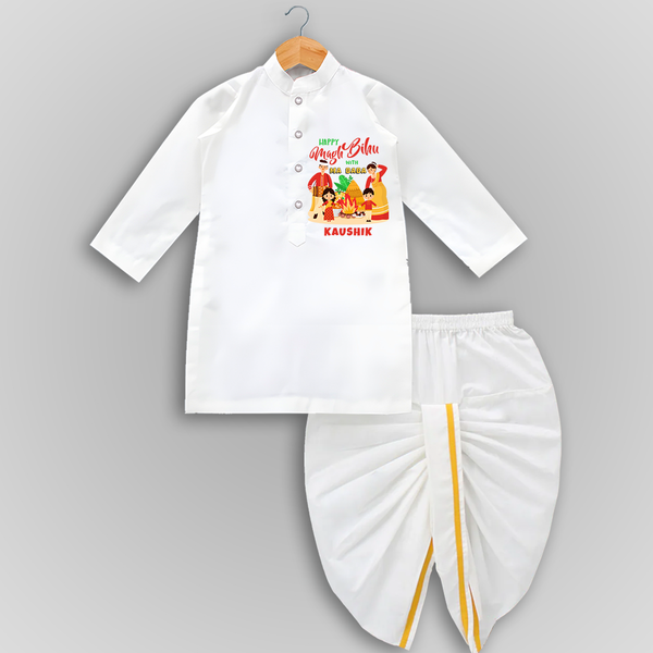 Happy Magh Bihu With Ma Baba - Customized Drapped Dhoti For Kids - WHITE - 0 - 6 Month Old (Chest 24", Kurta Length 14" , Waist 19", Dhoti Length 14")