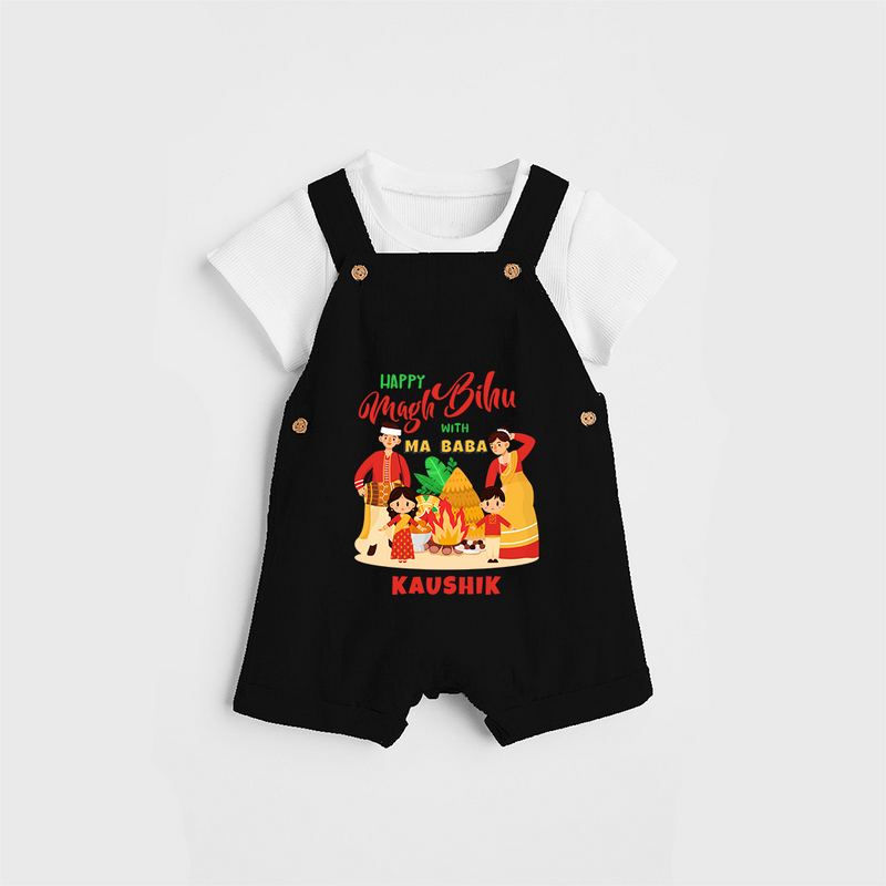 Happy Magh Bihu With Ma Baba - Customized Dungaree Set For Kids - BLACK - 0 - 5 Months Old (Chest 18")