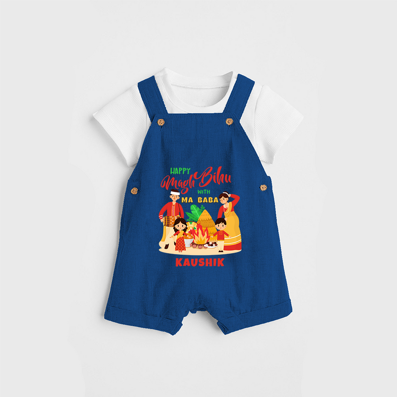 Happy Magh Bihu With Ma Baba - Customized Dungaree Set For Kids - COBALT BLUE - 0 - 5 Months Old (Chest 18")