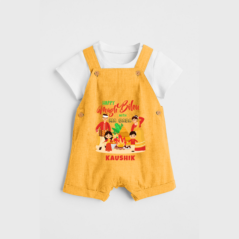 Happy Magh Bihu With Ma Baba - Customized Dungaree Set For Kids - PASTEL YELLOW - 0 - 5 Months Old (Chest 18")