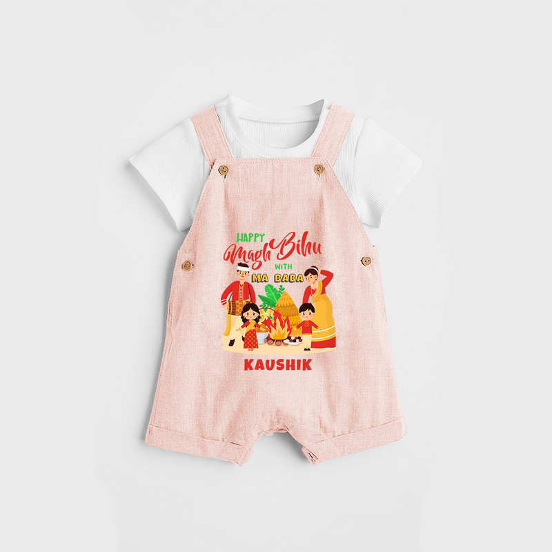 Happy Magh Bihu With Ma Baba - Customized Dungaree Set For Kids - PEACH - 0 - 5 Months Old (Chest 18")