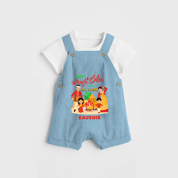 Happy Magh Bihu With Ma Baba - Customized Dungaree Set For Kids - SKY BLUE - 0 - 5 Months Old (Chest 18")