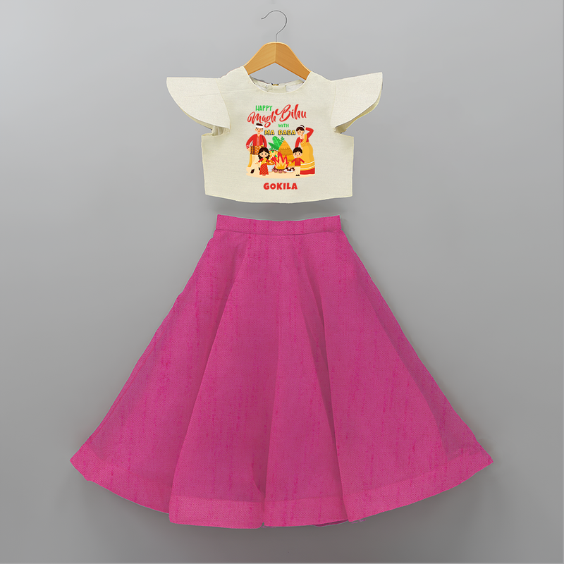 Happy Magh Bihu With Ma Baba - Customized Crop Top And Skirt For Kids - FUSCHIA - 6 - 9 Months Old (Chest 20" , Frock Waist 20")