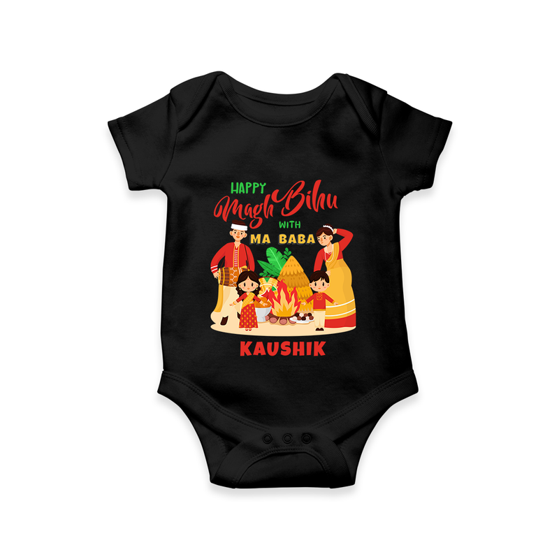 Happy Magh Bihu With Ma Baba - Customized Romper For Babies - BLACK - 0 - 3 Months Old (Chest 16")