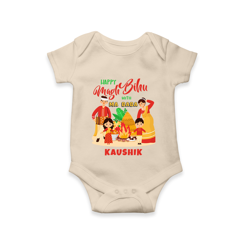 Happy Magh Bihu With Ma Baba - Customized Romper For Babies - IVORY - 0 - 3 Months Old (Chest 16")