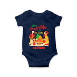 Happy Magh Bihu With Ma Baba - Customized Romper For Babies - NAVY BLUE - 0 - 3 Months Old (Chest 16")