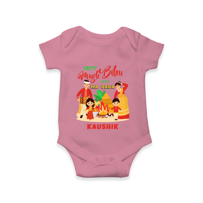 Happy Magh Bihu With Ma Baba - Customized Romper For Babies - ONION - 0 - 3 Months Old (Chest 16")