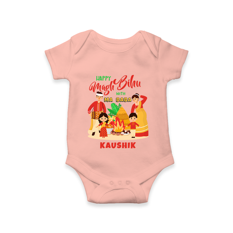 Happy Magh Bihu With Ma Baba - Customized Romper For Babies - PEACH - 0 - 3 Months Old (Chest 16")