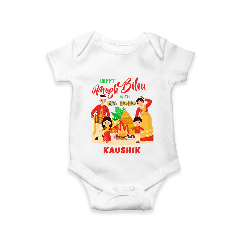 Happy Magh Bihu With Ma Baba - Customized Romper For Babies - WHITE - 0 - 3 Months Old (Chest 16")