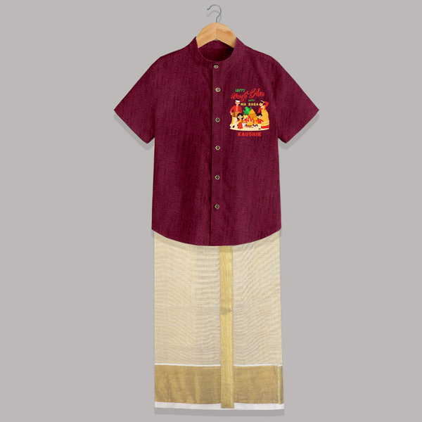 Happy Magh Bihu With Ma Baba - Customized Raw Silk Shirt And Dhoti For Kids - WINE - 0 - 6 Months Old (Chest-23") (Dhoti length-14")