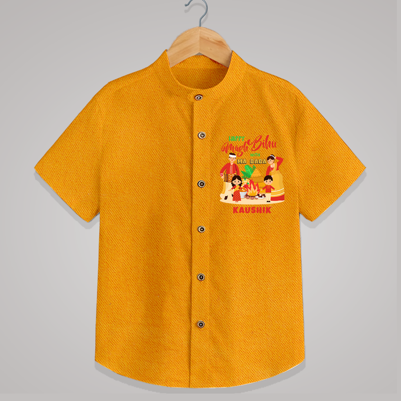 Happy Magh Bihu With Ma Baba - Customized Shirt For Kids - CHROME YELLOW - 0 - 6 Months Old (Chest 23")