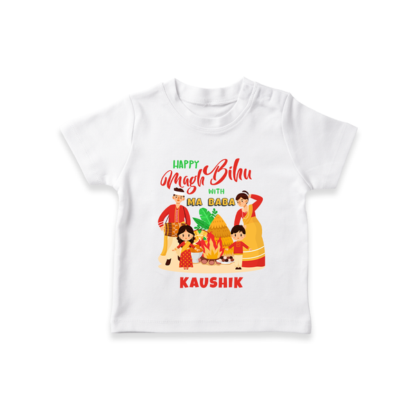 Happy Magh Bihu With Ma Baba - Customized T-Shirt For Kids - WHITE - 0-5 Months Old (Chest 17")