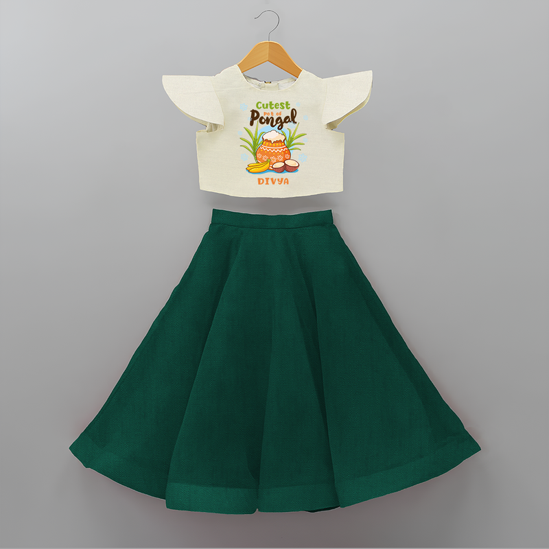 Cutest Pot Of Pongal - Customized Crop Top And Skirt For Kids - BOTTLE GREEN - 6 - 9 Months Old (Chest 20" , Frock Waist 20")