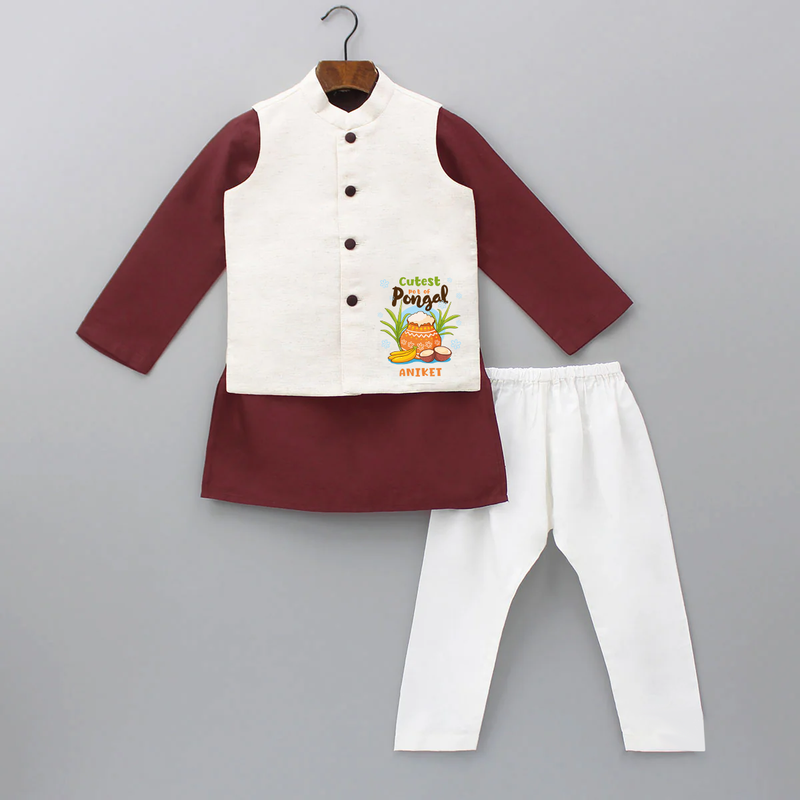 Cutest Pot Of Pongal - Customized Kurta WaistCoat For Kids - MAROON - 3 - 6 Months Old (Chest 24", Kurta Length 14'', Waist 19", Pant Length 14")