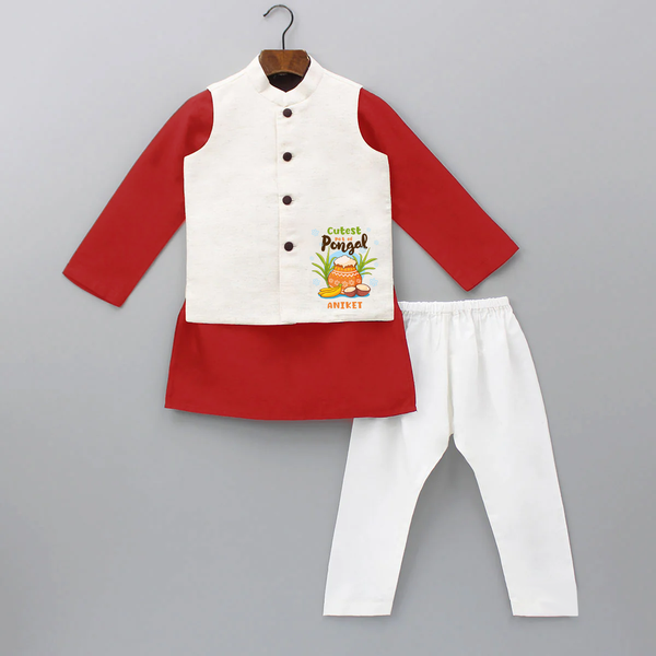 Cutest Pot Of Pongal - Customized Kurta WaistCoat For Kids - RED - 3 - 6 Months Old (Chest 24", Kurta Length 14'', Waist 19", Pant Length 14")