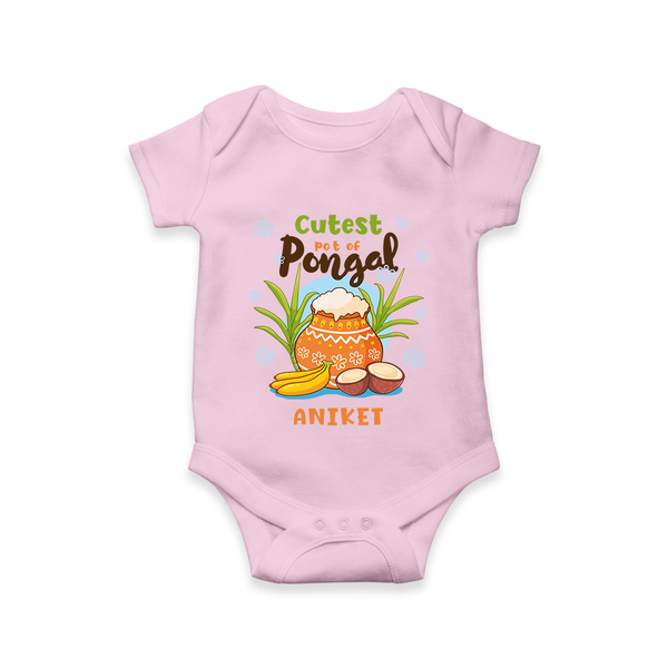 Cutest Pot of Pongal” Illustration | Personalized Kids Romper  - BABY PINK - New Born (Chest 14")