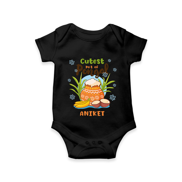 Cutest Pot of Pongal” Illustration | Personalized Kids Romper  - BLACK - New Born (Chest 14")