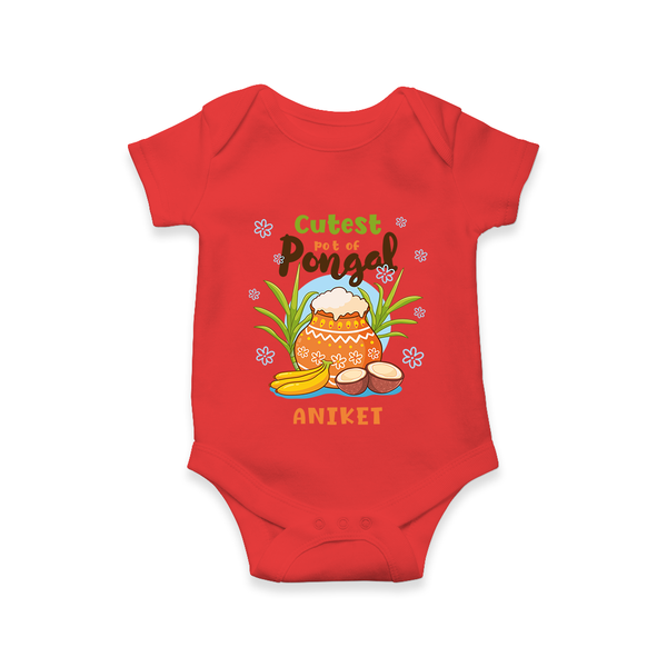 Cutest Pot of Pongal” Illustration | Personalized Kids Romper  - RED - New Born (Chest 14")