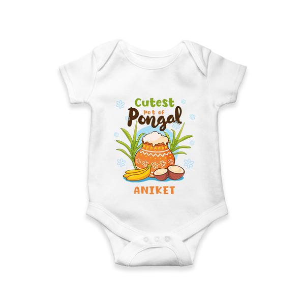 Cutest Pot of Pongal” Illustration | Personalized Kids Romper  - WHITE - New Born (Chest 14")