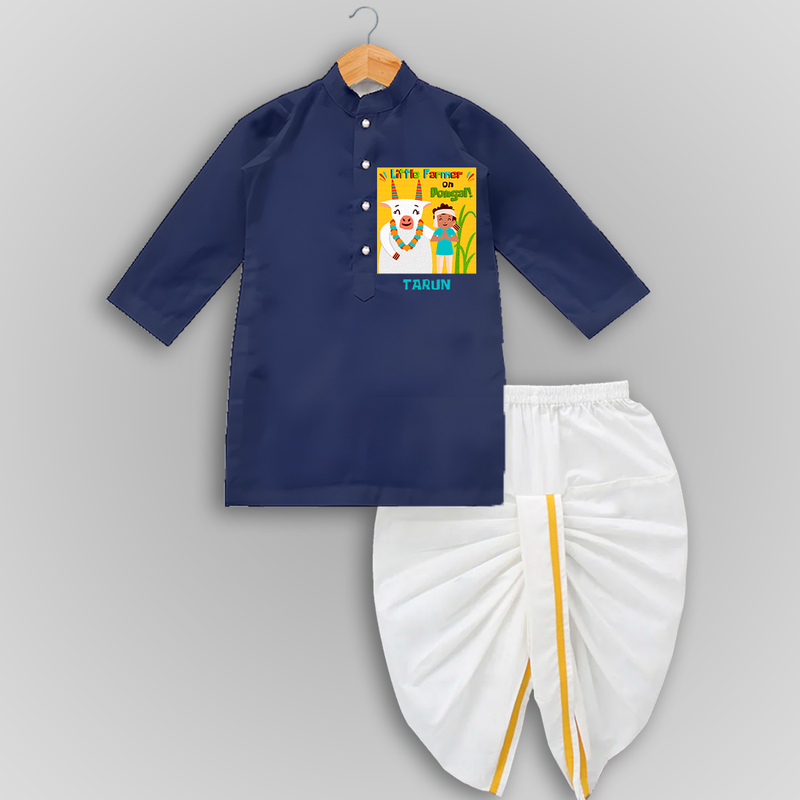 Little Farmer On Pongal - Customized Drapped Dhoti For Kids - NAVY BLUE - 0 - 6 Month Old (Chest 24", Kurta Length 14" , Waist 19", Dhoti Length 14")