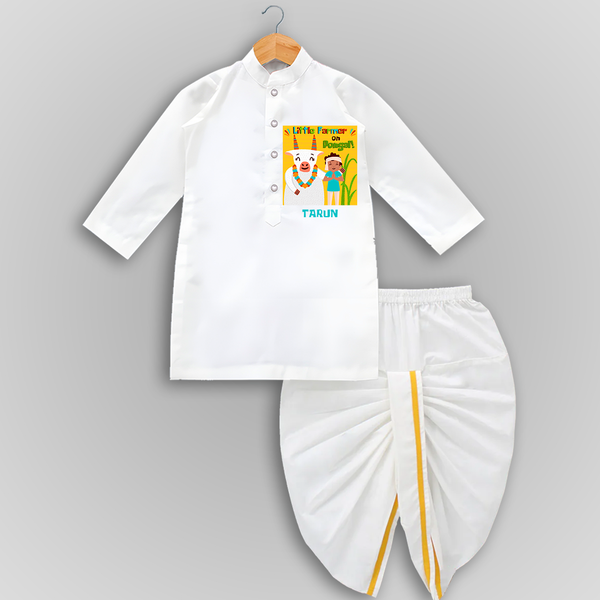 Little Farmer On Pongal - Customized Drapped Dhoti For Kids - WHITE - 0 - 6 Month Old (Chest 24", Kurta Length 14" , Waist 19", Dhoti Length 14")