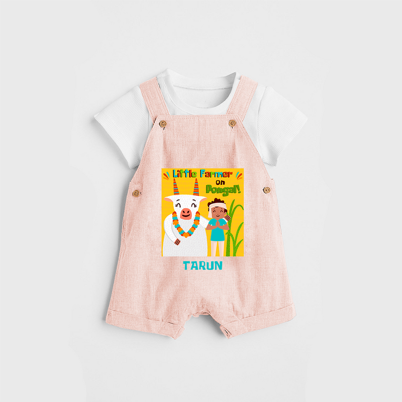 Little Farmer On Pongal - Customized Dungaree Set For Kids - PEACH - 0 - 5 Months Old (Chest 18")